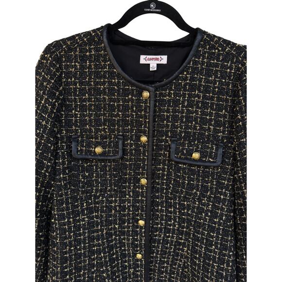Nanette Lepore Black Gold Tweed Jacket Faux Leather Trim Buttons Sz 8 Career - Picture 4 of 11